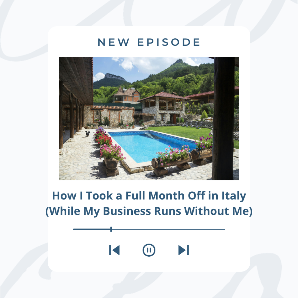 Racheal Cook relaxing poolside at a Tuscan villa, illustrating a business that runs without you, Promote Yourself to CEO podcast.