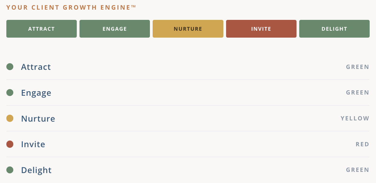 The Client Growth Engine Framework, five stages: Attract, Engage, Nurture, Invite, Delight